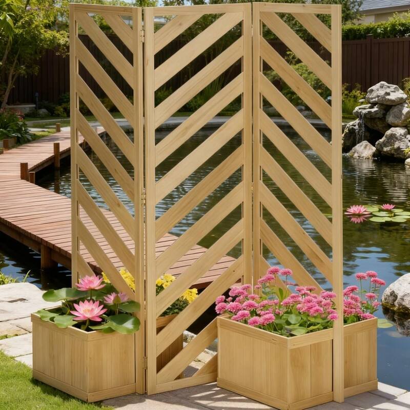 Decorative Garden Screen Built-In Planters for climbing vines grow - Natural Wood
