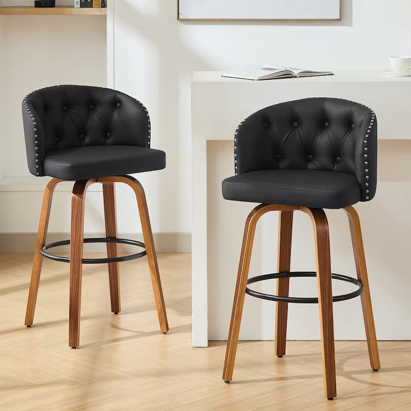 25.5" Faux Leather Upholstered Wood Frame Swivel Counter Height Bar Stool, Set of 2/4 - Set of 2 - Black - Counter Height