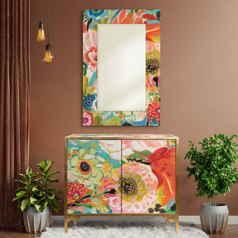 "Secret Garden Floral" Reverse Printed Beveled Art Glass Cabinet Console Table and Mirror Set