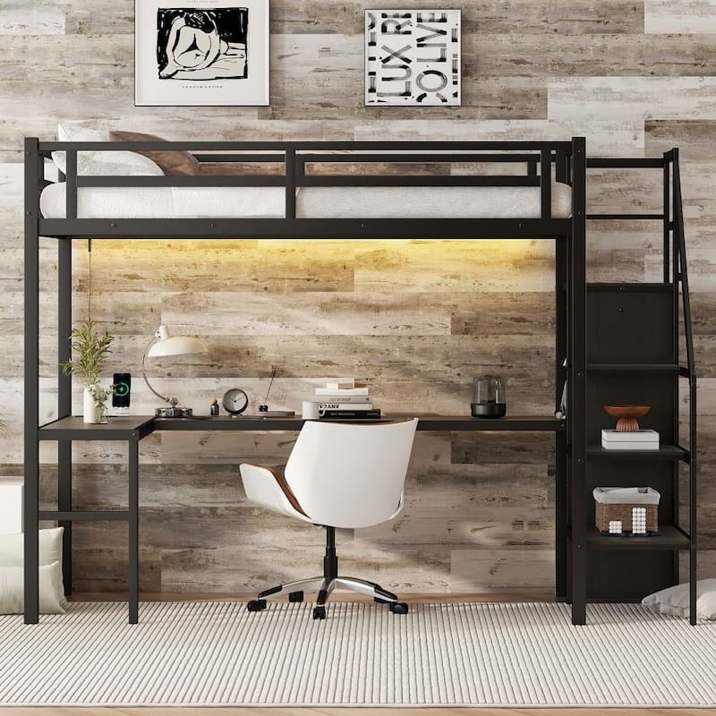 Metal Loft Bed with L-Shaped Desk and USB - Twin XL