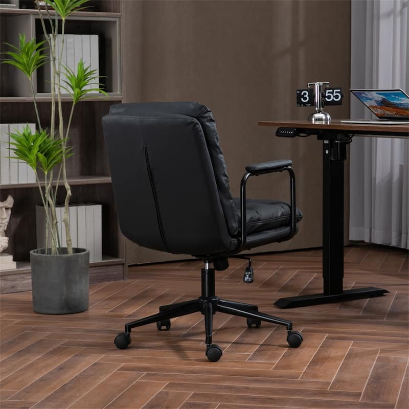 PU Leather Home Office Desk Task Swivel Chair with Wheels, Padded Arms