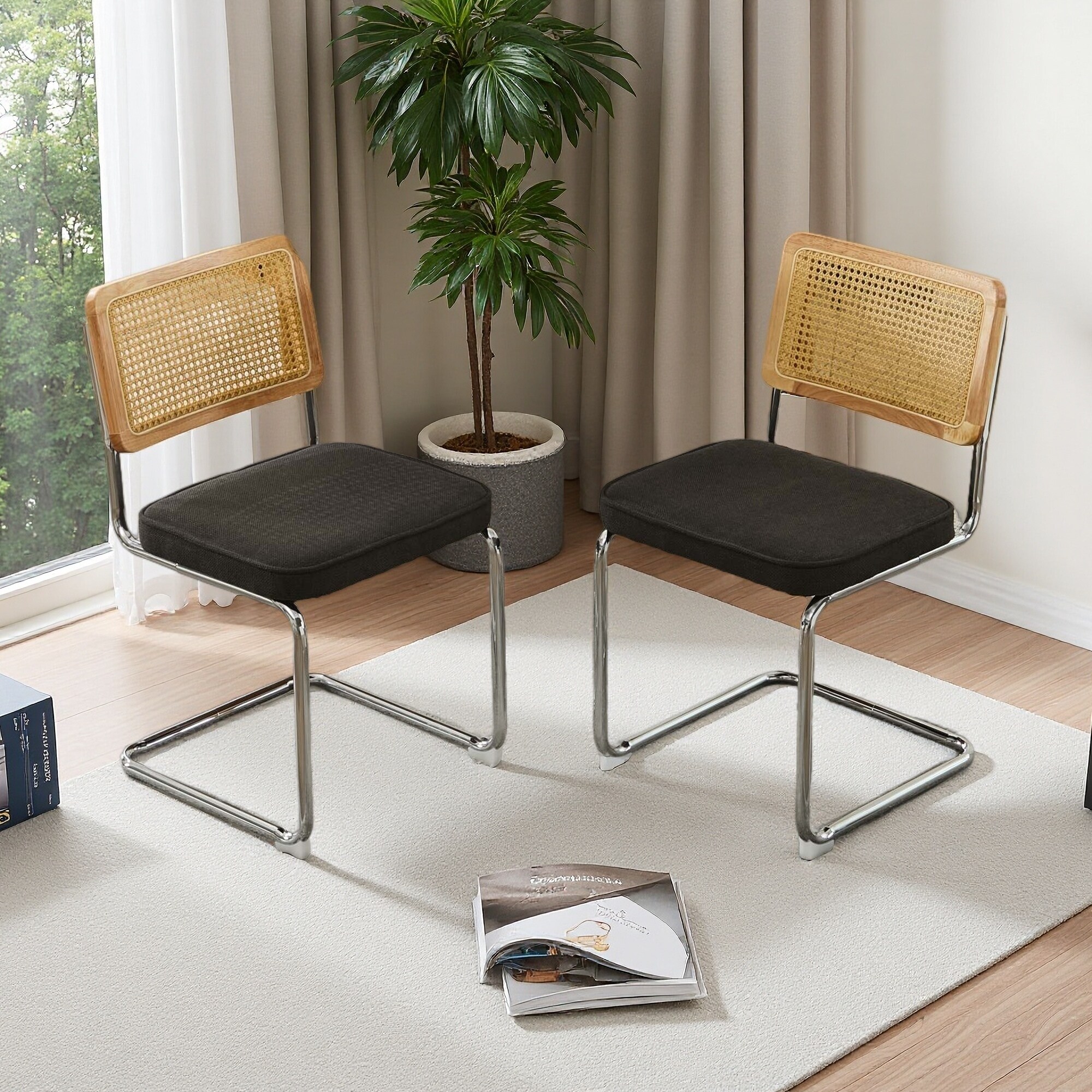 31.9"H Set of 2 Velvet Upholstered Mid-Century Modern Dining Chairs with Natural Rattan Cane Back & Chrome Cantilever Base