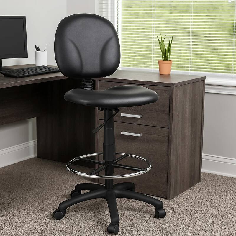 Zem Drafting Stool with Footring, Black Vinyl Contoured Back & Seat