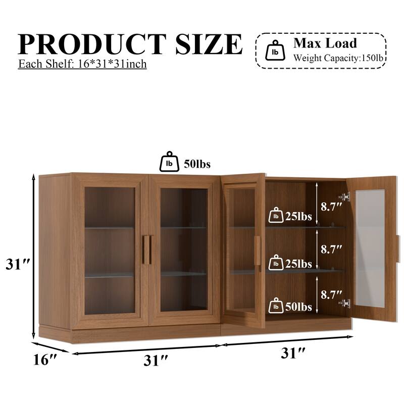 Dovelina Sideboard Buffet Storage Cabinets with Adjustable Shelves,Glass Door - 62"Lx31"H