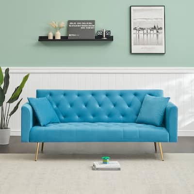 Velvet Loveseat Sofa Adjustable Backrest Sleeper Sofa Bed with 2 Pillow Upholstered Deep Seat Sofa, Tufted Couch