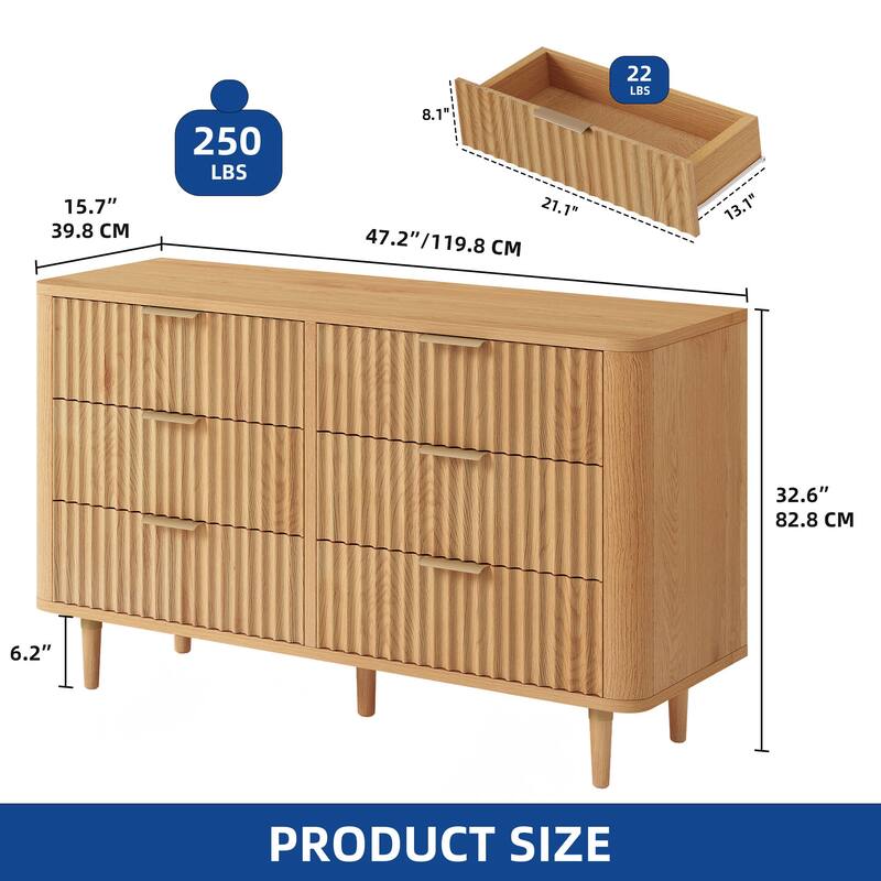 Moasis 6 Drawer Dresser Wood Storage Dresser Organizer with Waveform Fluted Panel