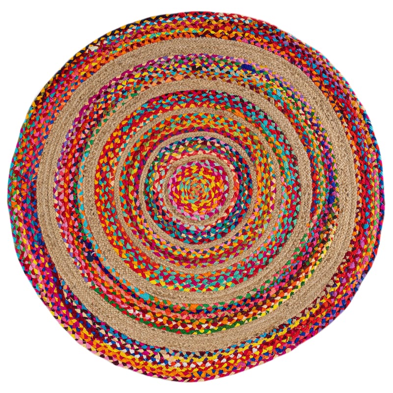 JONATHAN Y Asilah Round Boho Braided Rag & Jute Area Rug - 7' Round