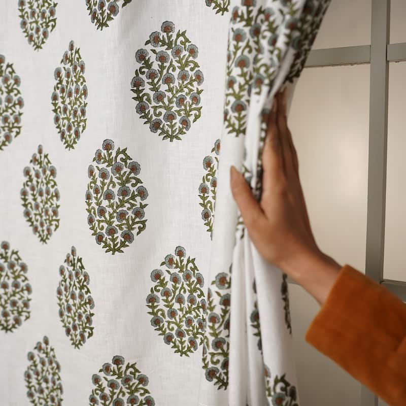 Fabdivine Handmade Block Print Floral Curtain Perfect for Room or Window Décor - 54" X 108" - Gudhal- Brown, Grey, Green