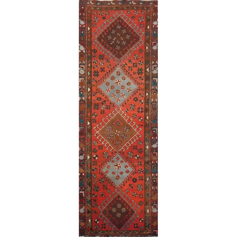Hand Knotted Oriental 100% Wool Carpet Traditional Tribal Oranges & Rust Hamedan Runner Rug - 10' 1'' X 2' 11''