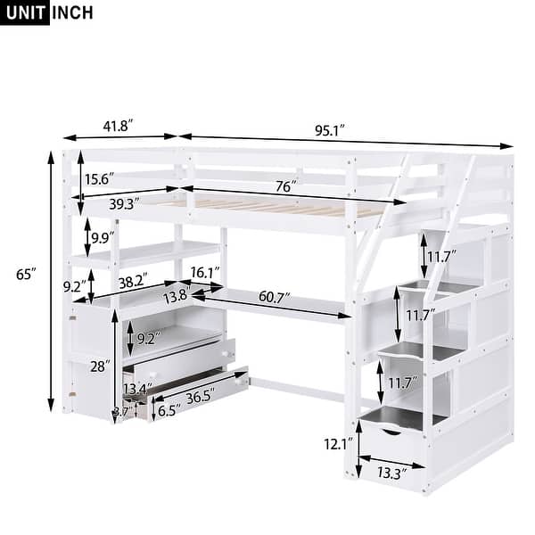 dimension image slide 0 of 2, Twin Size Loft Bed with Desk, Shelves, Storage Staircase, and 2-Drawers in Grey for Maximized Space Bedroom