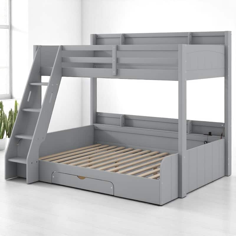Twin Over Full Bunk Bed with Storage Shelves, LED Lights, Charging Station, and Drawer, kid bed,Storage bed