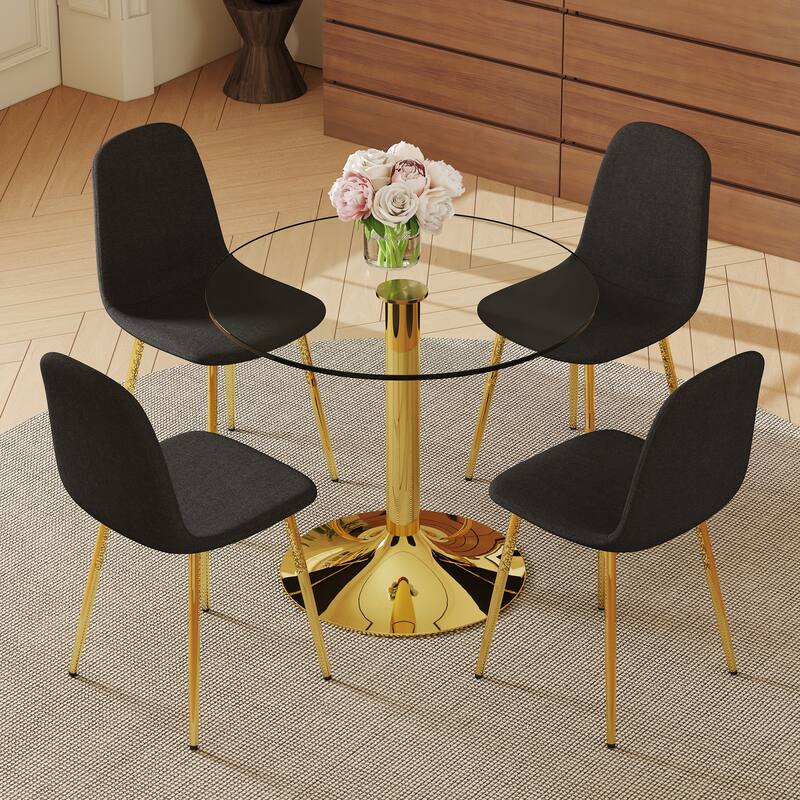 Roomfitters 5pcs Round Glass Dining Table Set with Golden Base and Linen Cotton Upholstered Chairs, Elegant Design, Black