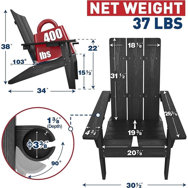 WINSOON All Weather HIPS Outdoor Cup Holder Adirondack Chairs Set of 4