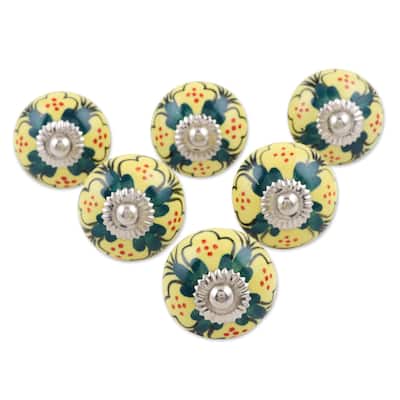 Novica Handmade Yellow Flowers Hand Painted Knobs (Set Of 6)
