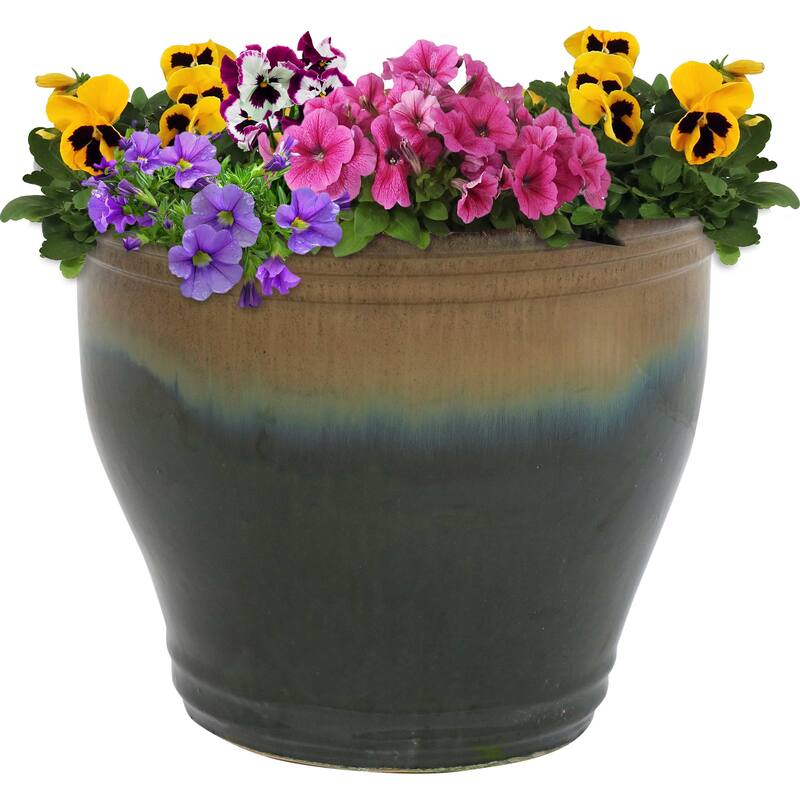 Sunnydaze Studio High-Fired Glazed Ceramic Planter - 15-Inch - Forest Lake Green