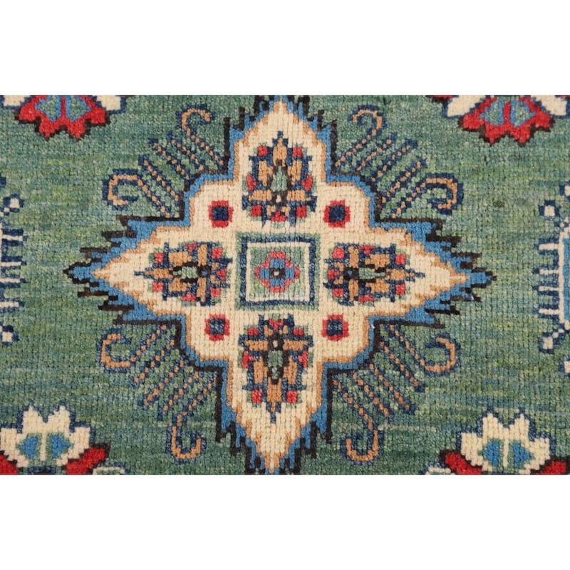 Kazak Oriental Area Rug Handmade Green Geometric Wool Carpet - 5'1" x 7'3"