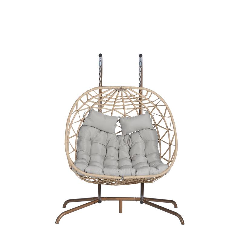 Double Rattan Egg Chair with Stand and UV-Resistant Cushions and Iron Frame - Outdoor Hanging Swing (600lb Capacity)
