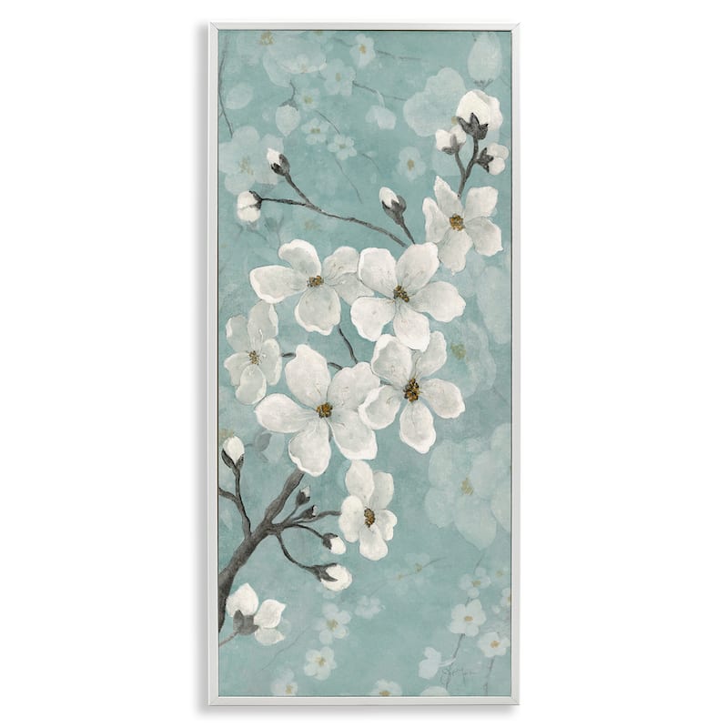 Stupell Cherry Blossoms on Green Framed Giclee Art Design By Janet Tava - 10 x 24 - White