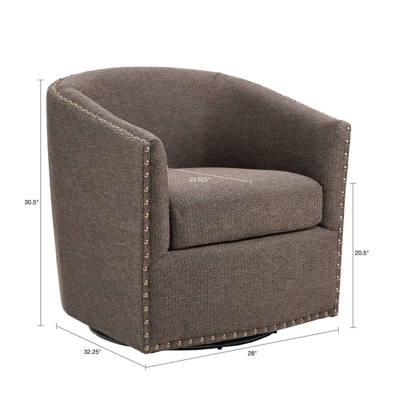 Roomfitters Swivel Accent Chair, Upholstered Barrel Armchair with 360 Degree Metal Base and Nailhead Trim