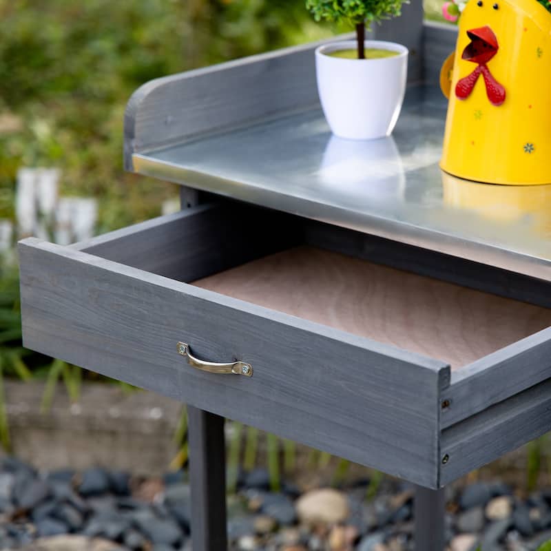 Garden Potting Bench Table, Wood Work Station with Storage Cabinet, Patio Workstation with Open Shelf and Steel Tabletop