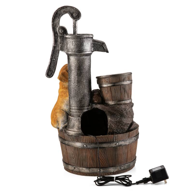 Glitzhome 23.75"H Cute Dog Playing Around the Water Pump Polyresin Outdoor Fountain with Pump and LED Light