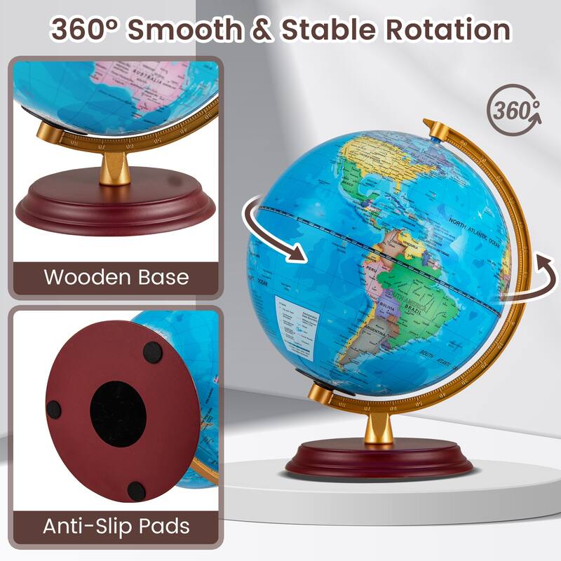 Gymax 8 Inch Illuminated World Globe Night Light up Globe Lamp Wooden