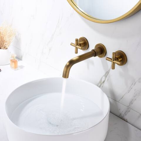 Gold Three-hole Double Handle Wall Bathroom Sink Faucet