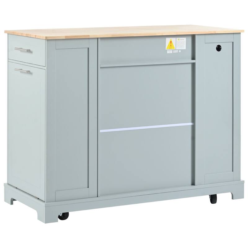Fluted Kitchen Island with Trash Can Storage Cabinet,Power Outlet, Rolling Islands on 5 Wheels with 3 Drawer,3 Open Side Racks