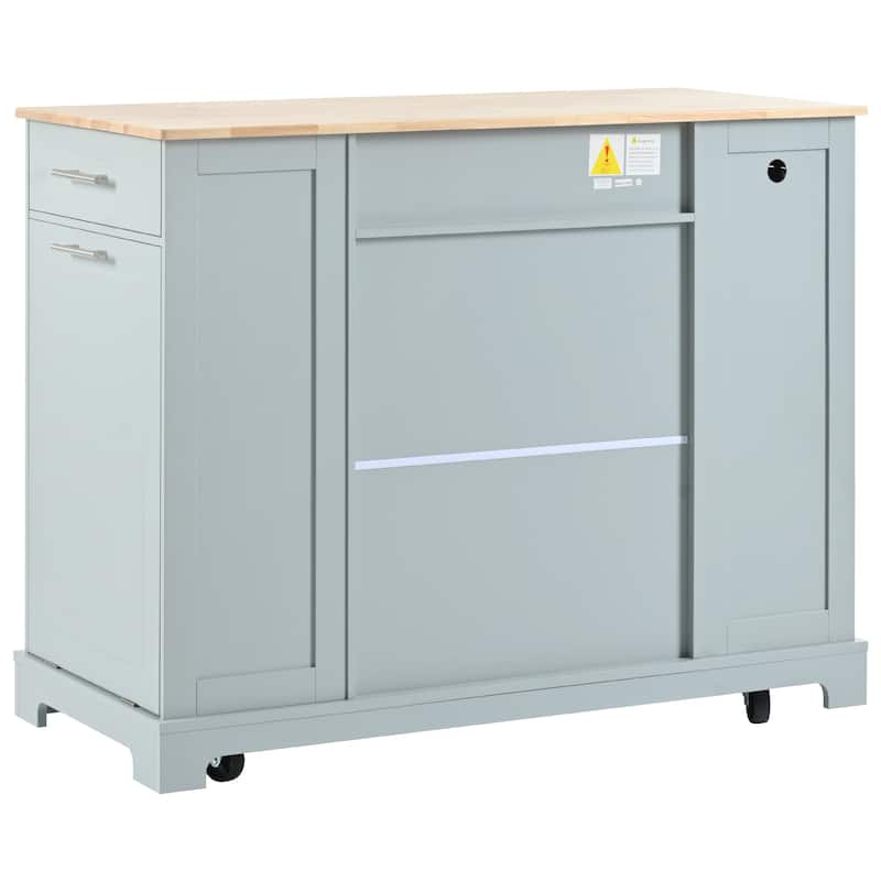 Kitchen Island with Trash Can Storage Cabinet, Dining Table with Power Outlet, Kitchen Cart with Adjustable Shelves