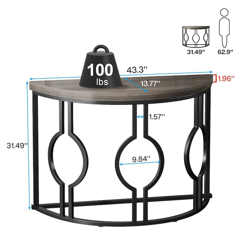 43" Half Moon Console Table for Entryway, Industrial Semi Circle Sofa Table with Geometric Base