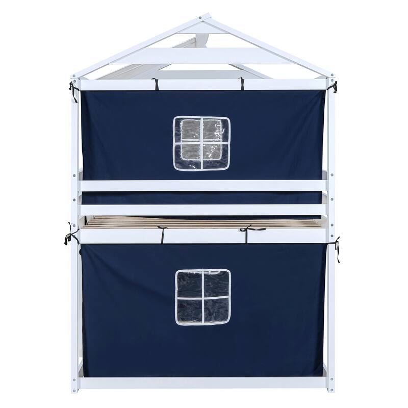 Full Size Solid Wood House Bunk Bed with Tent, Ladder and Fence for Kids, Bedroom