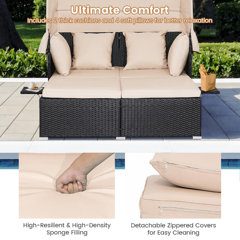 Gymax Patio Rattan Daybed Lounge Retractable Top Canopy Side Tables