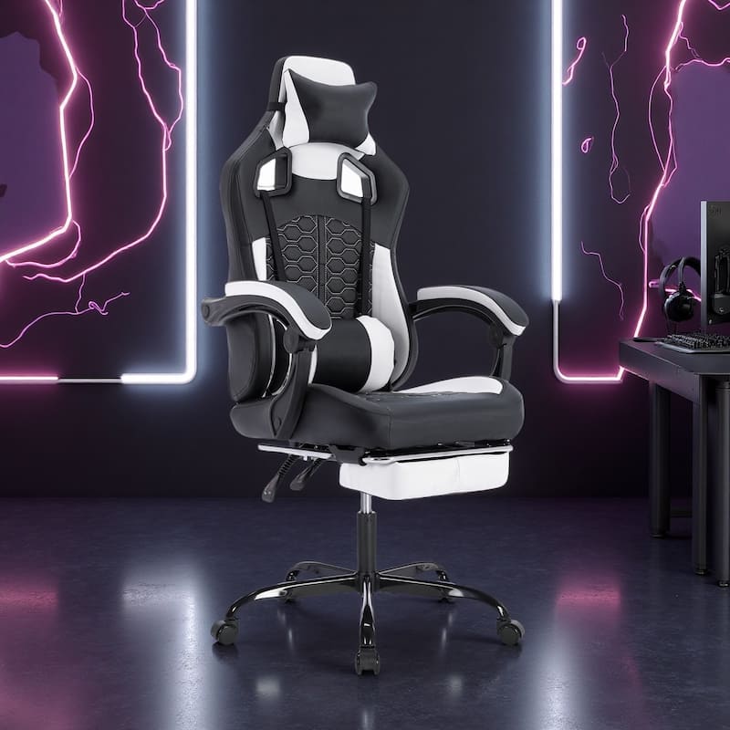 PVC Leather Gaming Chair with Massage Lumbar Support, Footrest and 300lb Capacity - White/Black