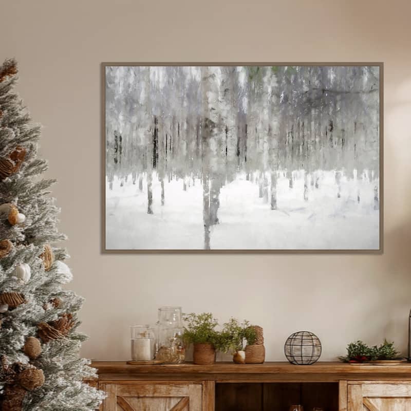 Birches In Fog by Kim Curinga Framed Canvas Wall Art Print - Sylvie Dark Gold