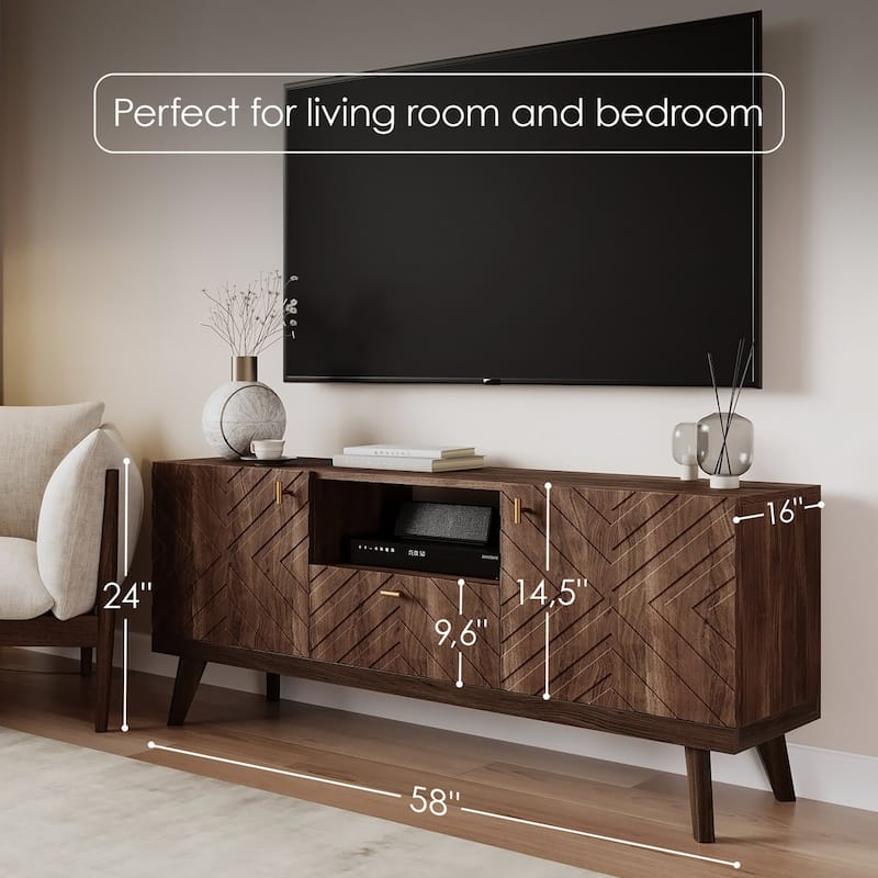 Living Skog Alba Beige TV Stand Console with Drawer Fits TV's up to 65 in. with Wood Legs Mid Century Modern Design