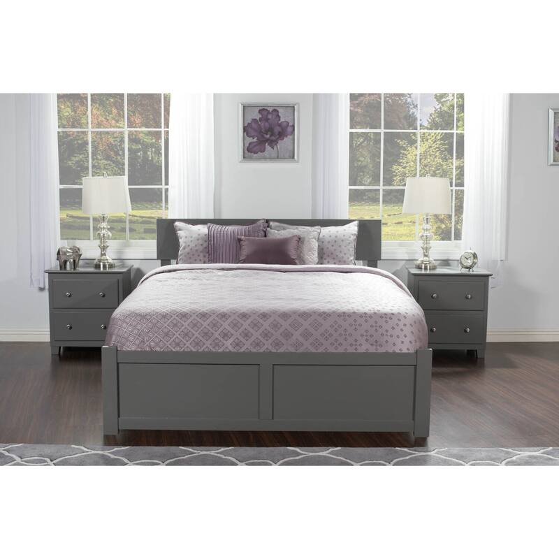 King Platform Bed with Trundle - Grey Wood Bed Frame, USB Charger, Adjustable Headboard