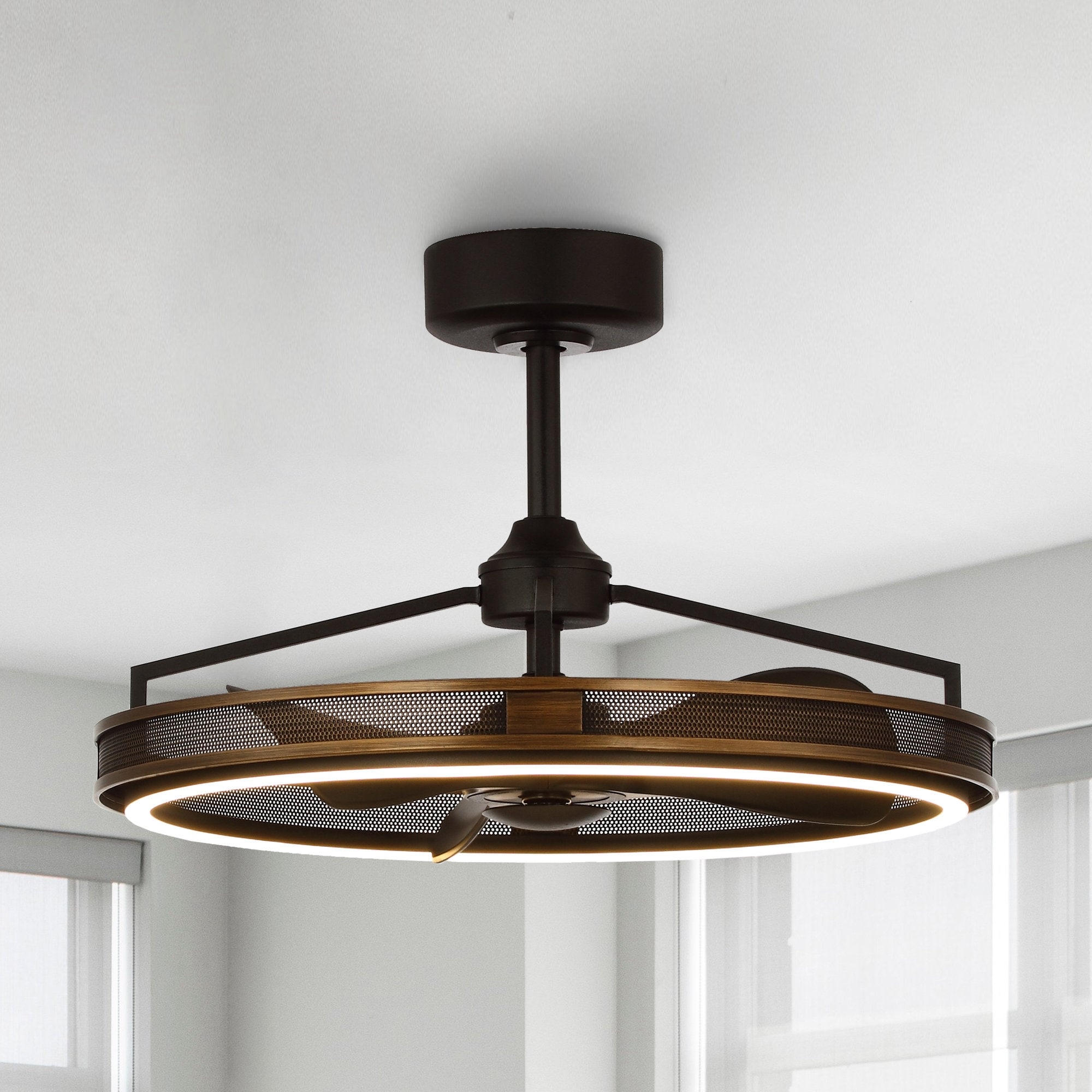 Parrot Uncle 27" Vintage Bronze Metal Cage LED Fandelier Bladeless Ceiling Fan with Light and Remote