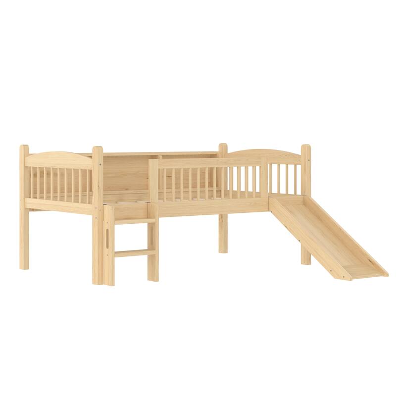 Kids Wood Low Loft Bed Frame with Storage Shelves, LED Light Strips, Curved Headboard, Safety Guardrails and Reversible Slide