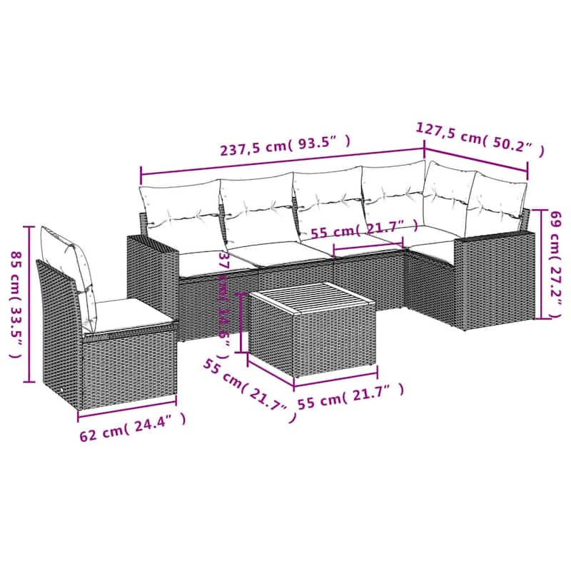 vidaXL Patio Sofa Set with Cushions Outdoor Furniture 7 Piece Poly Rattan - 21.7 x 21.7 x 14.6
