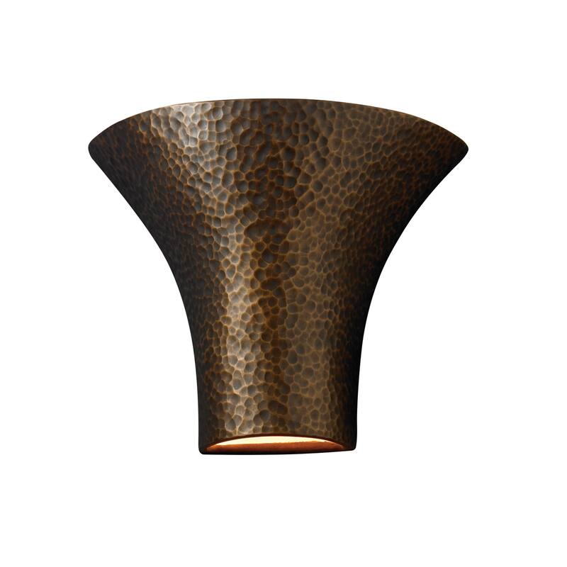 Justice Design Group Ambiance Hammered Brass Outdoor Large Ceramic Round Flared Wall Sconce with Open Top & Bottom - Hammered Brass
