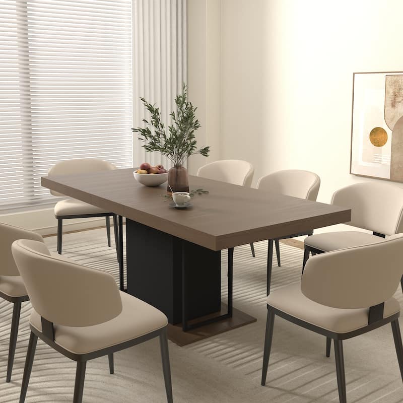 Wood Extendable Dining Table for 6-10 Person, Large Rectangle Expanding Dining Table with Black Double Pedestal Base