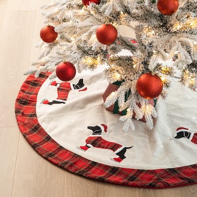 Glitzhome 48"D Traditional Dachshund Happy Holly Days Christmas Tree Skirt With Border