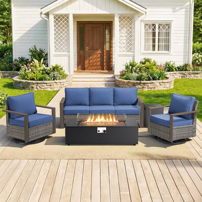 Pocassy 43 In Fire Pit w/ Outdoor Sofa Swivel Chair Ottoman Set - Gray Wicker Blue Cushion - 4PCS Fire Table w/ 4-In Cushion Sofa Swivel Chair
