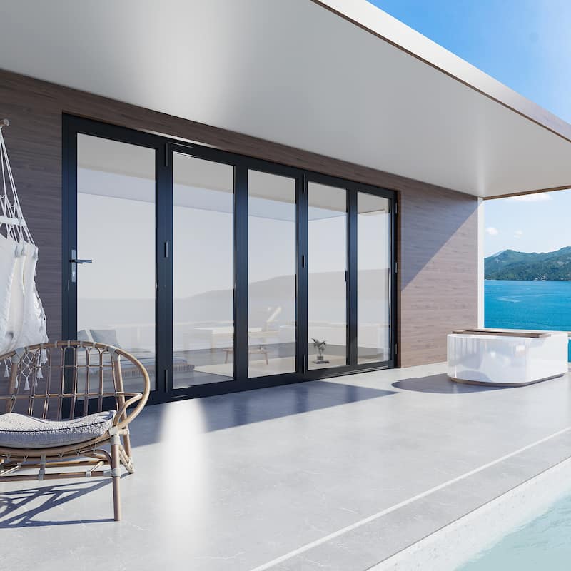 KaMic 168"×96" 5 Panels Aluminum Folding Door In Black,Folded Out From Left To Right Model #:FD5PBK16896-LR