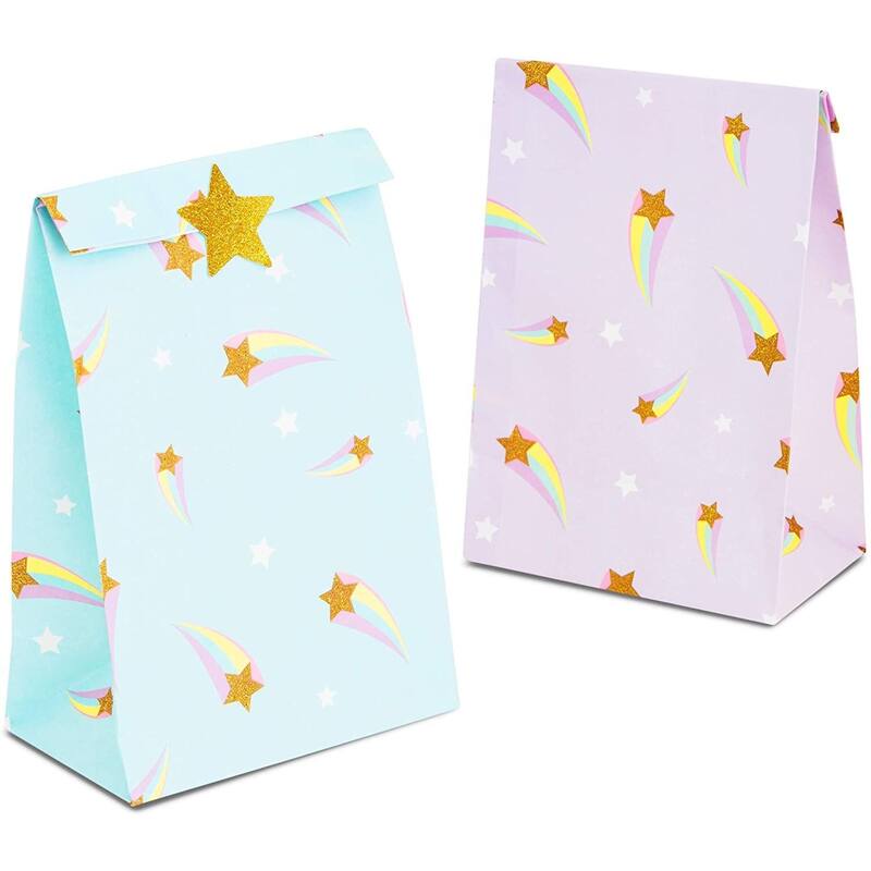 Blue Panda Rainbow Birthday Party Favor Gift Bags with Gold Foil Stickers (8.5 In, 24 Pack)
