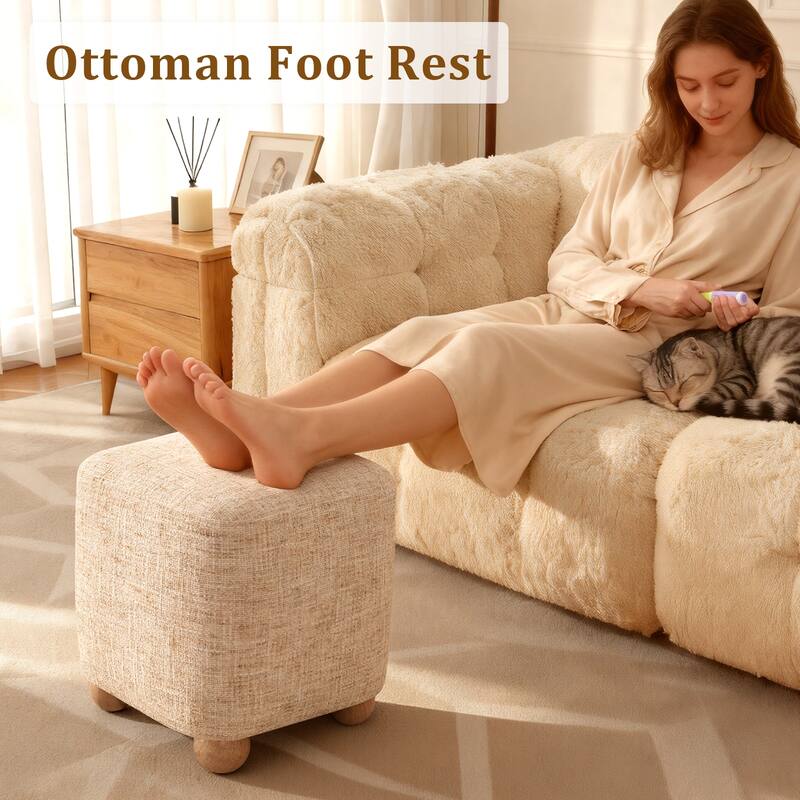 Chenille Upholstered Pouf Ottoman Footstool Acacia Solid Wood Footrest
