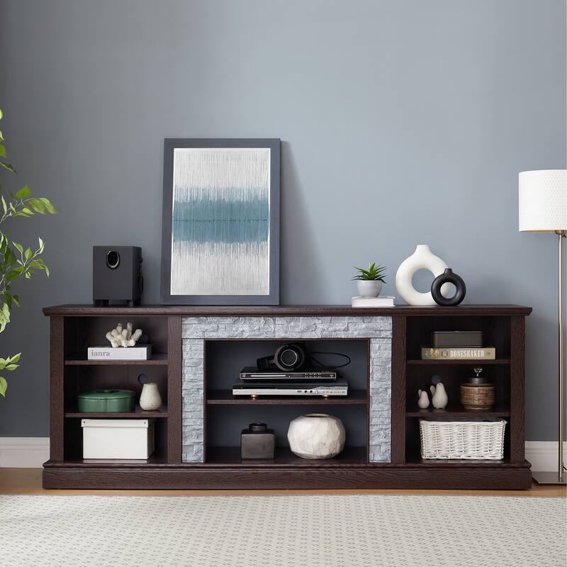70" TV Stand with Faux Stone Surround, Entertainment Center Media Console Table with Large Storage and Cable Management