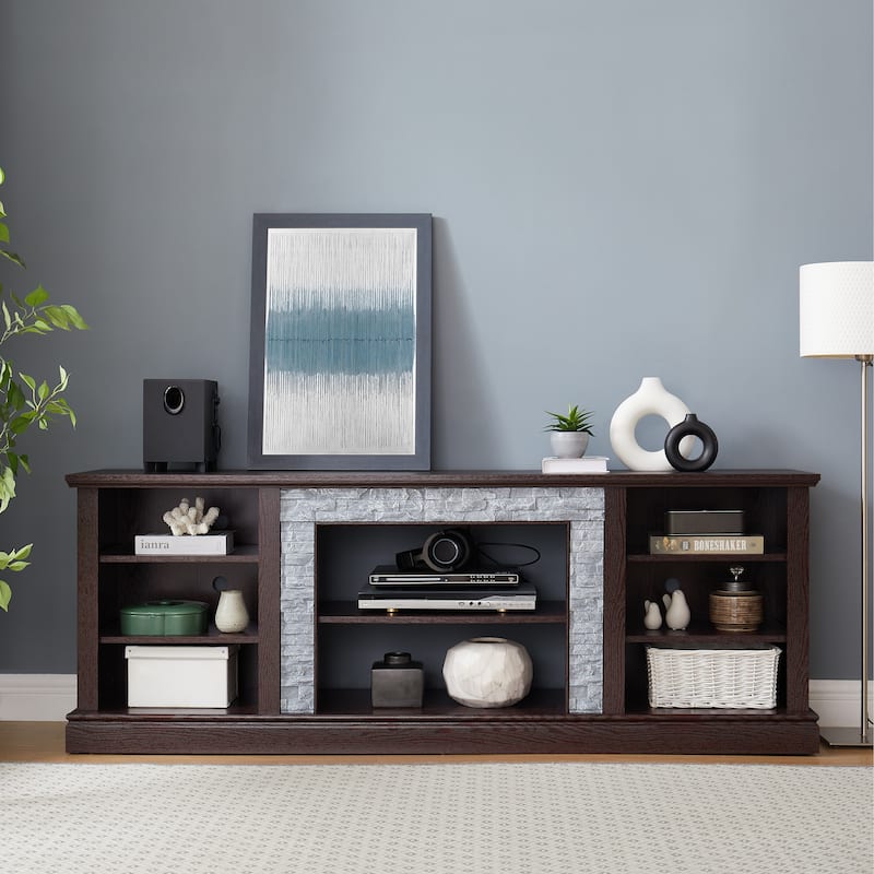 Modern Faux Stacked Stone Surround TV Stand, Desk Storage Rack with Open Storage and Adjustable Shelves, for Living Room