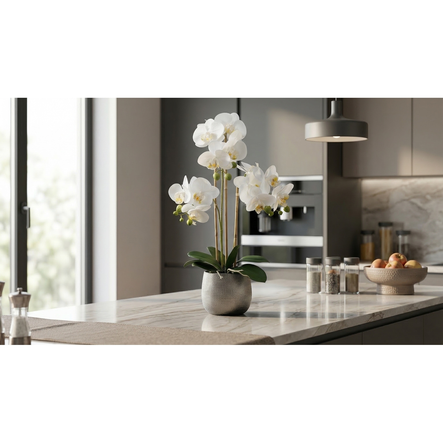 Premium Artificial White Orchid Phalaenopsis Including Textured Metallic-Silver Vase, 24 Inch