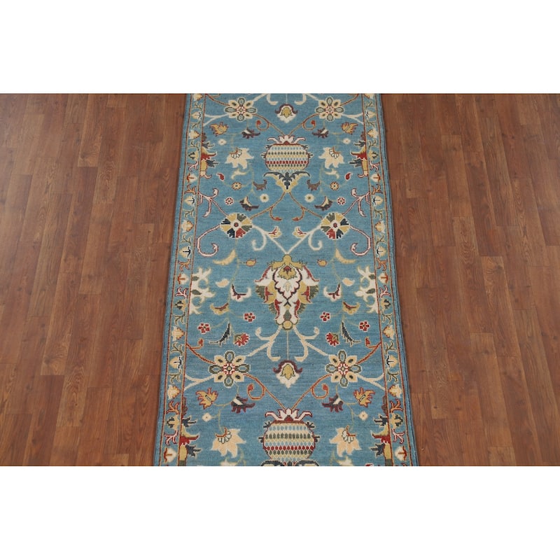 Light Blue Oushak Runner Rug Handmade Transitional Wool Carpet - 2'9" x 9'9"